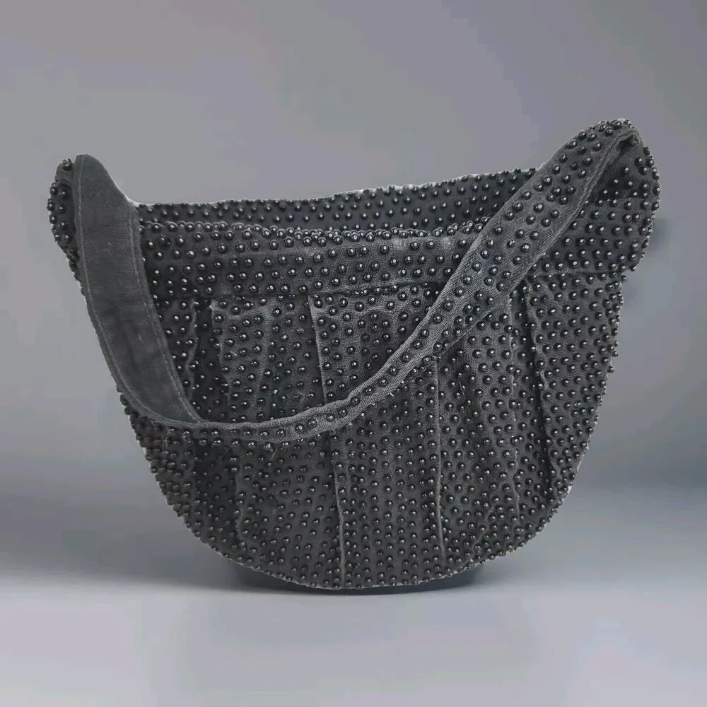Vintage Plastic Beaded Bag Pleated Satchel Crescent Black Zippered Closure